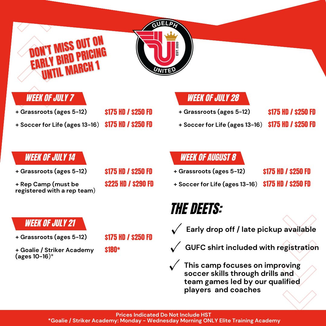 guelphunitedfc's tweet photo. Guelph United will be hosting 5 soccer camps for kids of all ages this summer!

Prices start at $175, and include a free GUFC shirt.

🛍️ SALE: Register before March 1st for a discount, use code "EARLYBIRD" at checkout.

To register, go here: https://t.co/SYqMYRAoVi https://t.co/NBtg1OzD1R