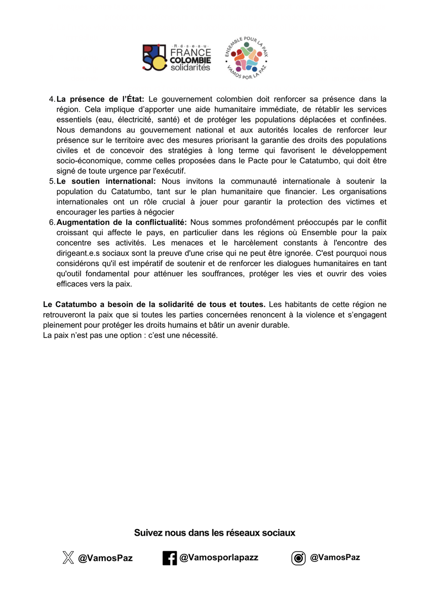 S.O.S. Catatumbo.

<a href="/VamosPaz/">Vamos por la paz - Ensemble pour la paix Colombie</a> et <a href="/ReseauFranceCol/">Réseau France-Colombie Solidarités</a>  dénoncent la grave crise humanitaire et exigent une réponse immédiate du gouvernement national colombien et une réelle volonté de paix de la part des acteurs armés.

Lisez le communiqué complet ici: tinyurl.com/mryt6w45
