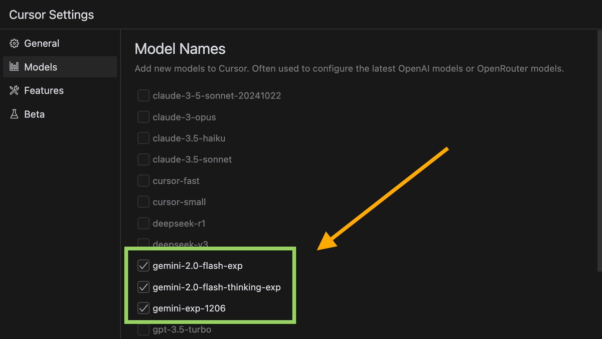 👇Test out the new <a href="/GoogleDeepMind/">Google DeepMind</a> Gemini 2.0 models today in <a href="/cursor_ai/">Cursor</a>! All you have to do is update the model names in your settings file: