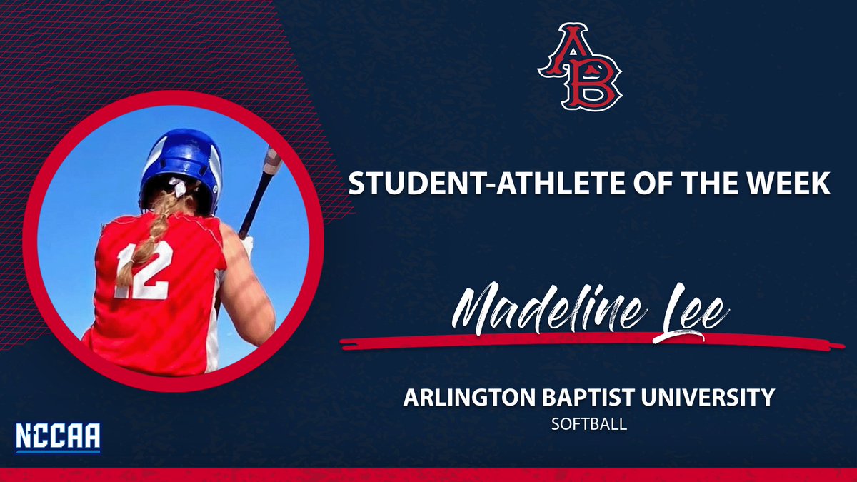 🥎Student-Athlete of the Week🥎
#NCCAASoftball - Offensive
𝐌𝐚𝐝𝐞𝐥𝐢𝐧𝐞 𝐋𝐞𝐞, Arlington Baptist University
the-n.cc/40P7Y4z | #PlayForHim