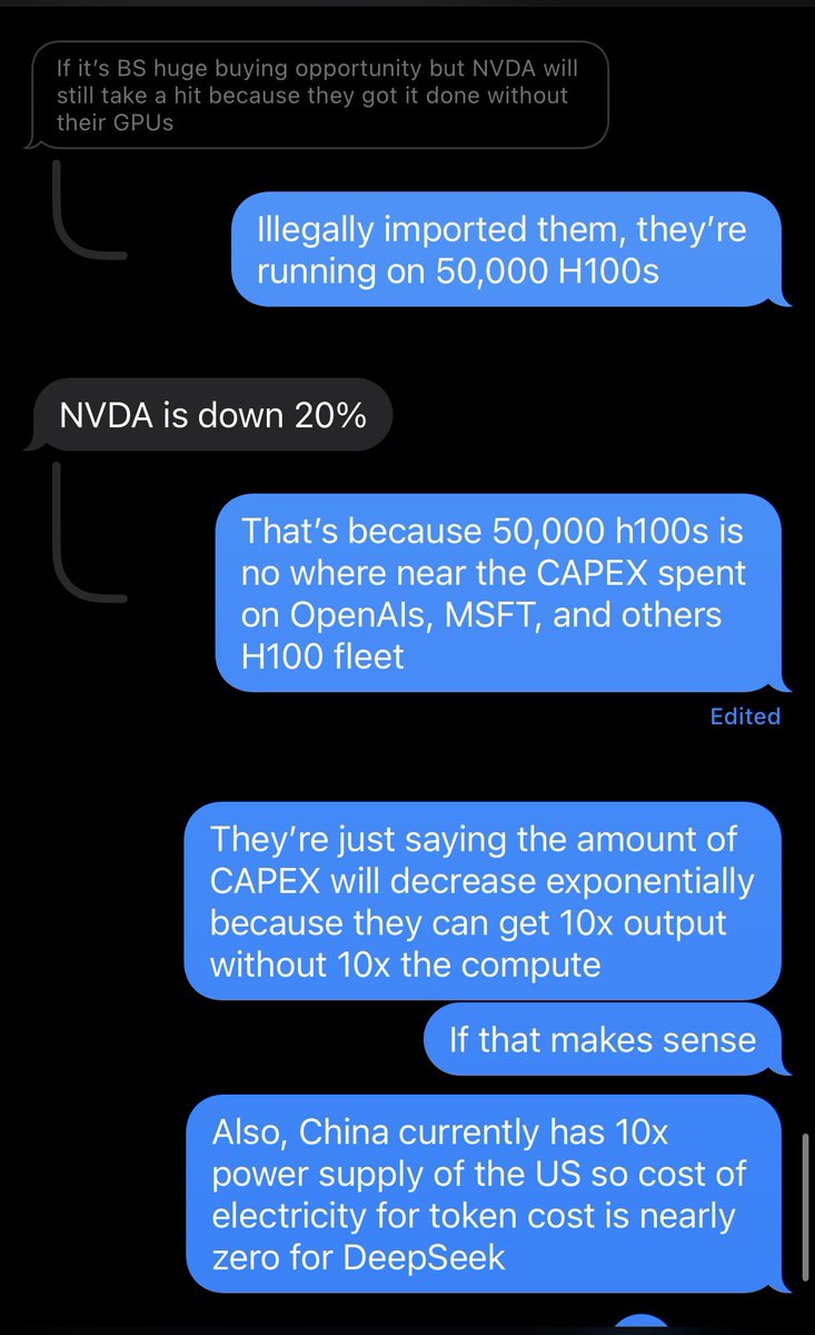 A friend asked me about the AI bubble “popping” today. After weeks of using DeepSeek, here is my take on the situation via iMessage 🫡