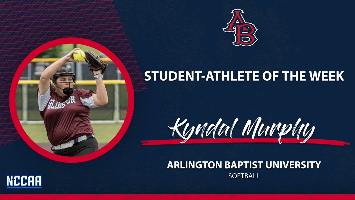 🥎Student-Athlete of the Week🥎
#NCCAASoftball - Pitcher
𝐊𝐲𝐧𝐝𝐚𝐥 𝐌𝐮𝐫𝐩𝐡𝐲, Arlington Baptist University
the-n.cc/42CFuMG | #PlayForHim