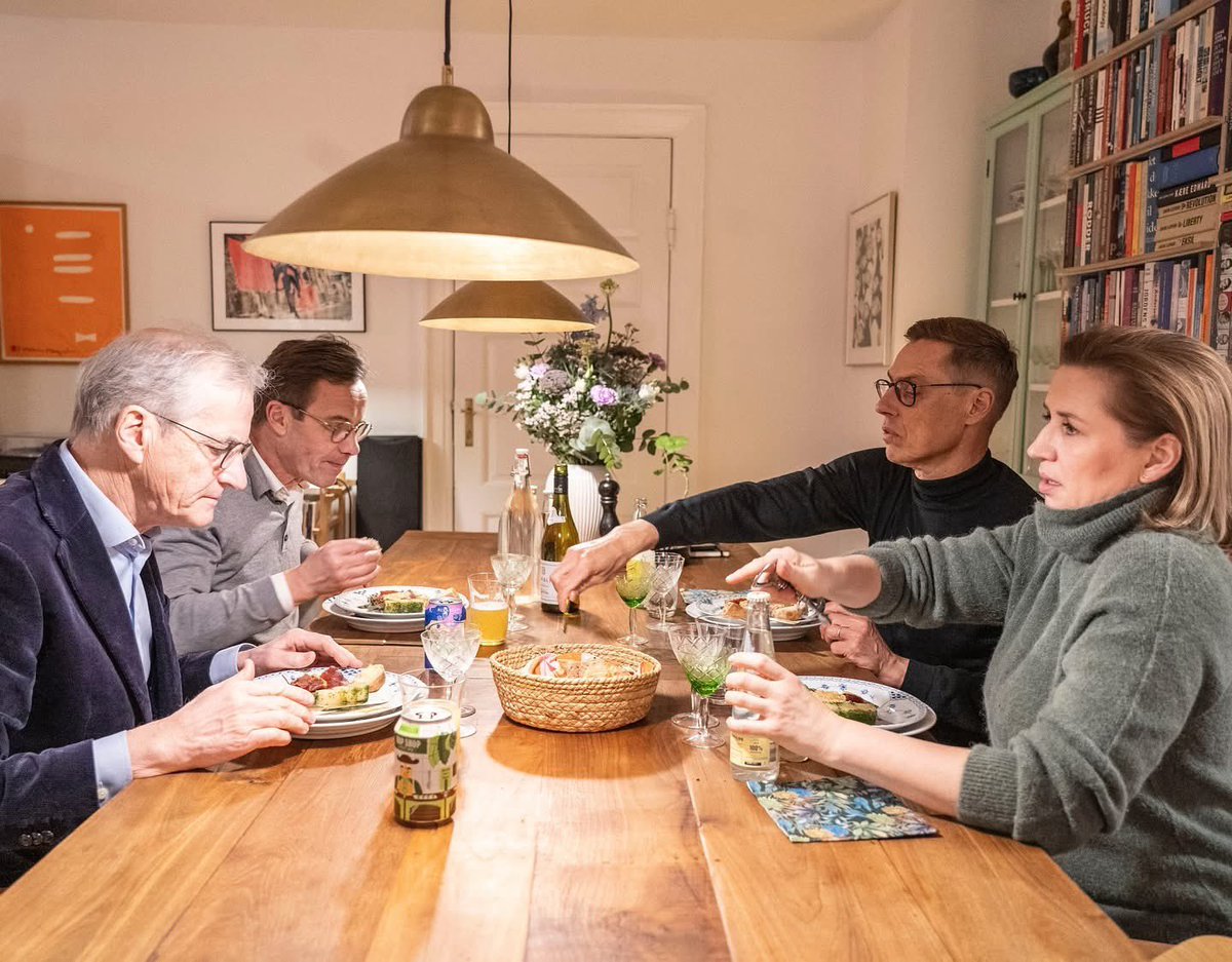 Danny Wallace (@dannywallace) on Twitter photo I love this picture because no one is trying to "win". No one is obviously "hosting". There are no flags. No audience. No mahogany table, no £500 silverware. Just some leaders eating a bit of bread and meat and a can of lager.
#norwaydenmarkfinlandsweden I love this picture because no one is trying to "win". No one is obviously "hosting". There are no flags. No audience. No mahogany table, no £500 silverware. Just some leaders eating a bit of bread and meat and a can of lager.
#norwaydenmarkfinlandsweden