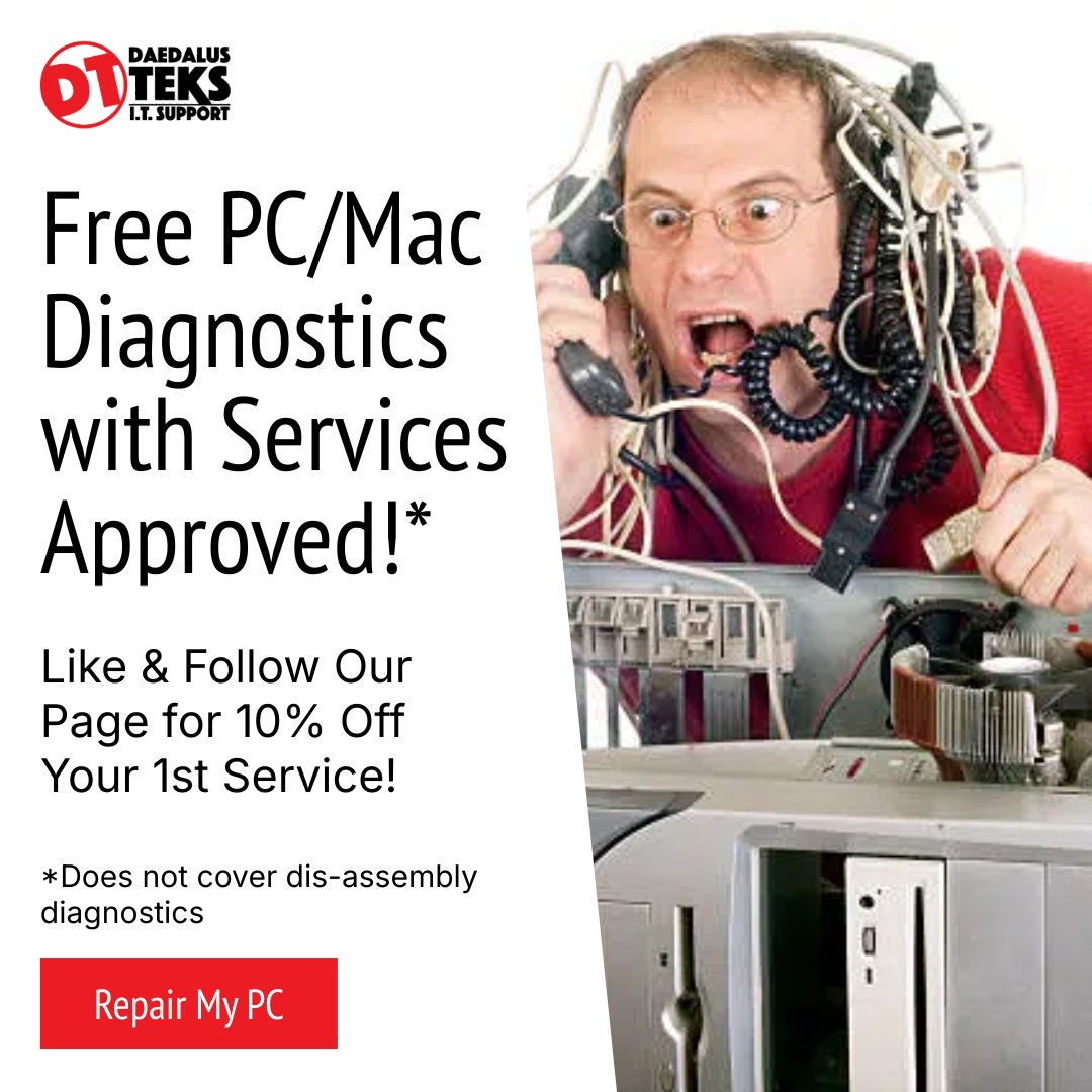 DaedalusTeks's tweet image. FREE PC/Mac Diagnostics with approved services at Daedalus Teks! 🛠️

📞 Call or text today. Like &amp;amp; follow for 10% off your first service!

💬 Comment &quot;RepairMyPC&quot; below to start!

#PCRepair #MacSupport #TechHelp