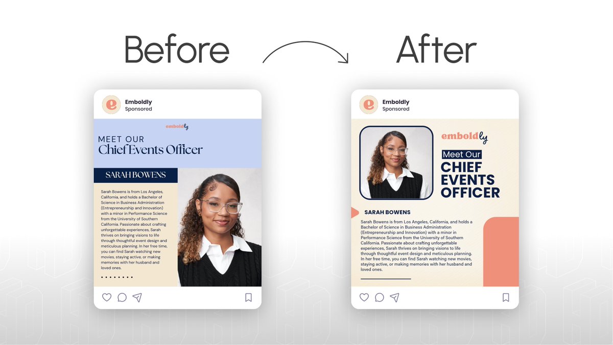 heffdzns's tweet photo. A social post redesign for Emboldly

Before ➜ After https://t.co/WoCtJfCU8q