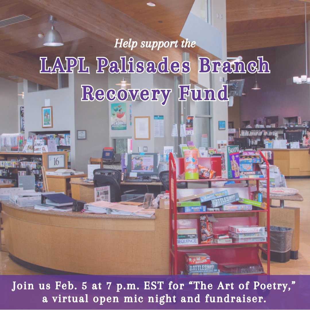 To those impacted by the L.A. fire, our hearts are with you! On Feb. 5 @ 7 p.m. EST we’re hosting The Art of Poetry to support the LAPL Palisades Branch Recovery Fund and aid affected residents and children! Register and donate at eventbrite.com/e/the-art-of-p… Photo: <a href="/LibraryFoundLA/">Library Foundation of Los Angeles</a>