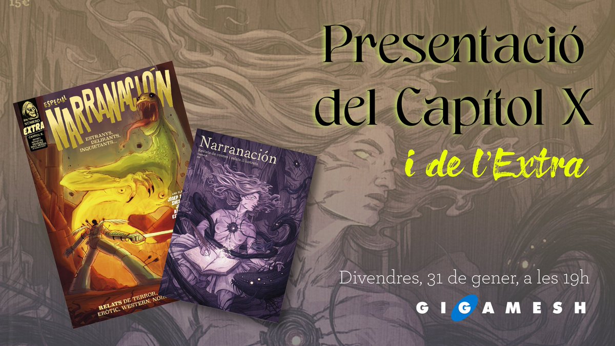 narranacion.com (@narranacion) on Twitter photo Aquest divendres 31 a les 19h us esperem a <a href="/GigameshTienda/">Librería Gigamesh</a> per presentar-vos Narranación 10 i l'extra Pulp que hem fet per celebrar-ho. No us ho podeu perdre, hi haurà batalles de oxímorons, esgrima amb pinzells, confrontació de breakdance, ganxet extreme i molt més. Aquest divendres 31 a les 19h us esperem a <a href="/GigameshTienda/">Librería Gigamesh</a> per presentar-vos Narranación 10 i l'extra Pulp que hem fet per celebrar-ho. No us ho podeu perdre, hi haurà batalles de oxímorons, esgrima amb pinzells, confrontació de breakdance, ganxet extreme i molt més.