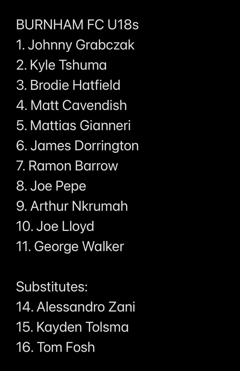 Team Sheet for our <a href="/BurnhamFC_U18s/">Burnham FC U18s</a>
