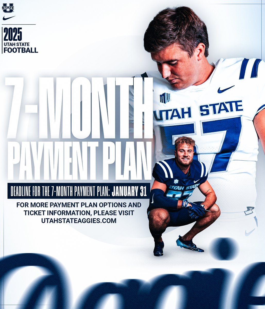 There is still time to sign up for our 7️⃣-Month Payment Plan for your 2025 Season Tickets

Sign-up prior to January 31 to take advantage of this offer. More payment plan options and information are available in the link below.   

RENEW HERE: app.utahstateaggies.com/FBRenewals25