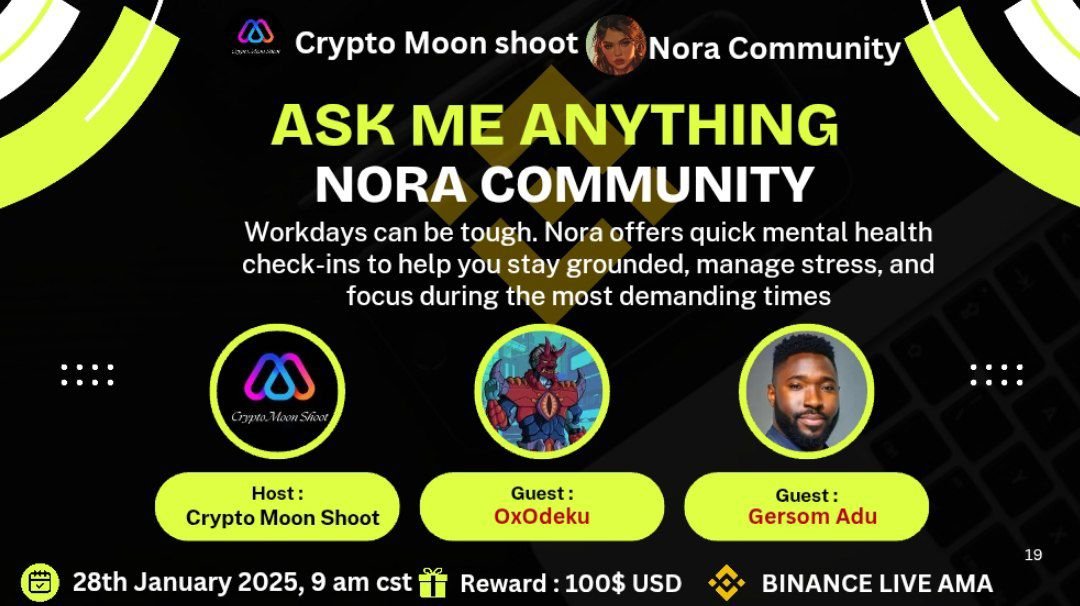 WiloWw69_eth's tweet photo. 📢Tomorrow $NORA we have an exceptional AMA with @CryptomoonTW @0x0deku @gersomadu 
These spaces typically attract over 30,000 participants 🚀
This is a unique opportunity to highlight Nora and catch the attention of new investors.

🌟 Why is this AMA strategic ?
1️⃣ Global recognition :
• Nora is recognized by giants like Meta, Microsoft, and Amazon🏆
• It’s the first multilingual AI therapist for mental health, speaking 21 languages 🌍 and available in 176 countries.
• Already available on the App Store, Google Play Store, and X📱

2️⃣ The timing is perfect :
• On Wednesday, during the FOMC meeting, the Fed might announce a second rate cut for 2025, making the crypto market bullish 📈
• Bitcoin and AI-related tokens like Nora could benefit from this momentum💥

3️⃣ AI narrative is key :
• Despite a slight dip since early January, AI tokens are expected to regain momentum as the market picks up. 🔄
• Nora is perfectly positioned to ride this new wave of interest. 🌟

4️⃣ Nora is ready to shine :
• After a strong rebound to 4M market cap, Nora has found support around 1M, higher than previous lows📊
• A solid support level is the perfect base for future growth 🚀

🗓️ Practical details : 
📅 Date: January 28, 2025
⏰ Time: 9 AM CST
🎁 Reward: $100 USDT to be won
📍 Venue: @binance  Live AMA

👉 Don’t miss the chance to discover this project and position yourself before a potential massive pump🔥 With the market potentially taking off on Wednesday, this might be the key moment to join the @talktonora  journey.