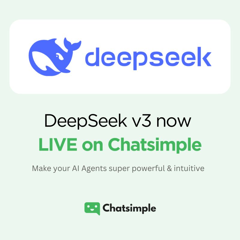 Never one to delay, we're thrilled to announce we've already added DeepSeek AI V3 to CHATSIMPLE.🔥

The best part? 
Responses cost just 1 credit compared to GPT-4o’s 5 credits.