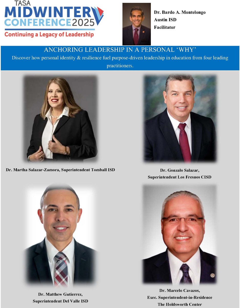 DrBMontelongo's tweet photo. Join us today! Session: "Anchoring Leadership in a Personal 'Why'" Tuesday, Jan 28 | 1:00 PM | Room 17A #TASAMidwinter #tasa2025 #TASA100Years @tasanet @HoldsworthCentr @DelValleISD @TomballISD @LosFresnosCISD https://t.co/6soLxuX5Ij
