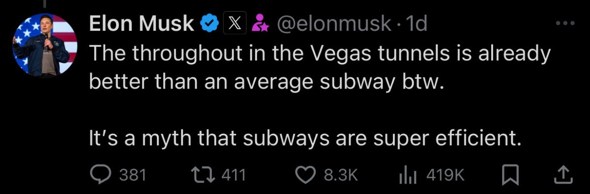 There is literally nothing he will not lie about. 

The Vegas loop has a capacity of 4,500 riders an hour or 108,000 a day.

The 7 train alone in NYC carries 4,000,000 a day.

The average subway does 1,200,000 a day.