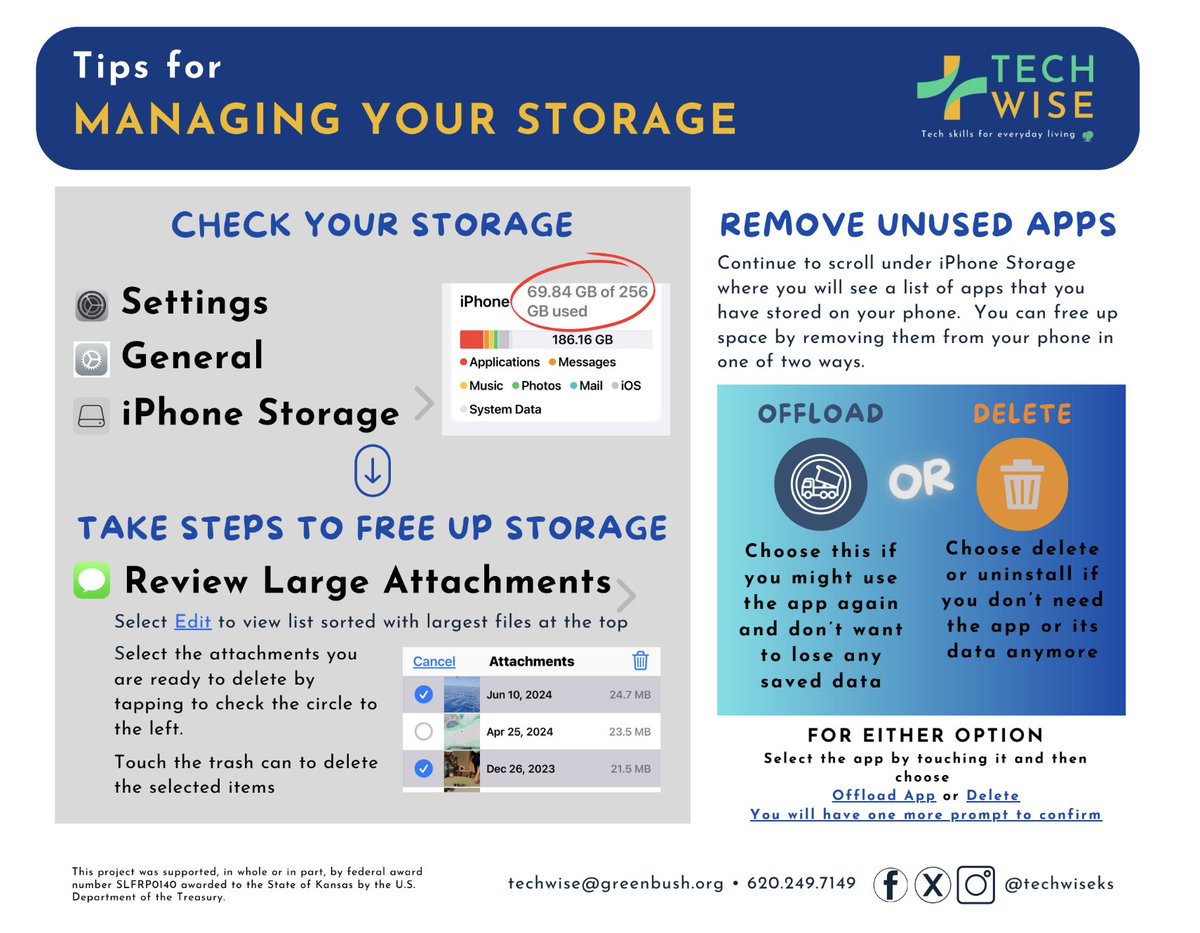 TechWiseKS's tweet image. 📱✨ Smartphone Storage Tips ✨📱
Running out of space? 
🔍 Check Storage:
Go to Settings &amp;gt; General &amp;gt; iPhone Storage to see what’s using space.

🗑️ Free Up Space:
Delete large message attachments
Offload or delete unused apps
📹 Scan the QR code in the images for a video!