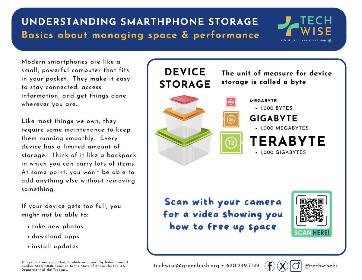 TechWiseKS's tweet image. 📱✨ Smartphone Storage Tips ✨📱
Running out of space? 
🔍 Check Storage:
Go to Settings &amp;gt; General &amp;gt; iPhone Storage to see what’s using space.

🗑️ Free Up Space:
Delete large message attachments
Offload or delete unused apps
📹 Scan the QR code in the images for a video!