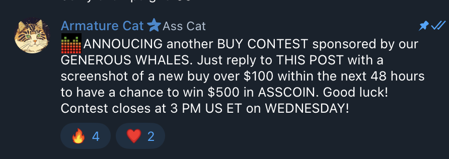 Do you want to get some ASS? We have some generous whales sponsoring a buy contest where you can win $500 in ASSCOIN 🍑

To participate
1. join the telegram 👇
2. find the pinned contest post
3. reply with a screenshot of your buy

Contest closes at 3PM US ET on Wednesday. GL!