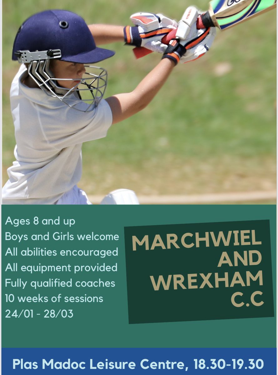 Marchwiel & Wrexham CC (@marchwielwrexcc) on Twitter photo FREE Junior Cricket Coaching
We’re running 10 weeks of free coaching for anyone aged 8+ at <a href="/PlasMadocLC/">Plas Madoc LC</a> Fridays 6:30pm
Contact Matt 07590876668 or salisburyma@googlemail.com to register
Please share <a href="/wrexham/">Wrexham.com</a> #juniorcricket FREE Junior Cricket Coaching
We’re running 10 weeks of free coaching for anyone aged 8+ at <a href="/PlasMadocLC/">Plas Madoc LC</a> Fridays 6:30pm
Contact Matt 07590876668 or salisburyma@googlemail.com to register
Please share <a href="/wrexham/">Wrexham.com</a> #juniorcricket