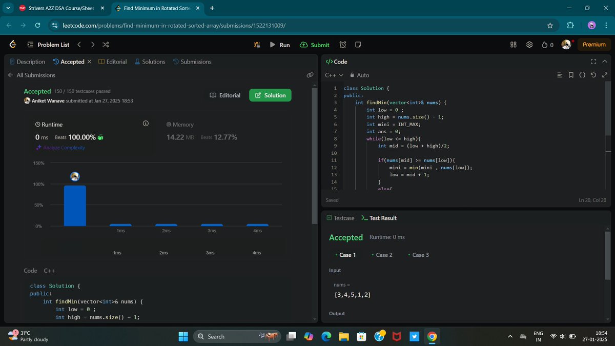 AniketWanave007's tweet photo. Day 10/100 of #100DaysOfCode Today solved two questions in Binary search topic
1.Finding minimum element inside a rotated sorted array
on @LeetCode 
2.also solved similar type of question by modifying binary search algorithm on @geeksforgeeks 
#LearnToCode #LearnInPublic #Coding https://t.co/Cd4vu8msBc