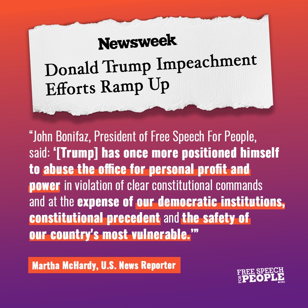 From flouting campaign finance laws to violating the Constitution's Foreign Emoluments Clause, Donald Trump's conduct satisfied grounds for impeachment on day one. <a href="/Newsweek/">Newsweek</a> <a href="/impeachdtnow/">Impeach Trump. Again.</a>