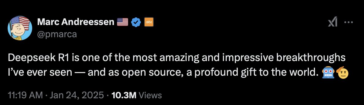 Kiinalaisen DeepSeekin avoimen lähdekoodin tekoälymalli on herättänyt ihastusta ympäri maailman. Kuvakaappauksessa maailman johtaviin riskisijoittajiin kuuluvan Marc Andreessenin reaktio.

Mitä tästä pitäisi ajatella? 5 nostoa ja 4 suositusta EU:lle. 1/x