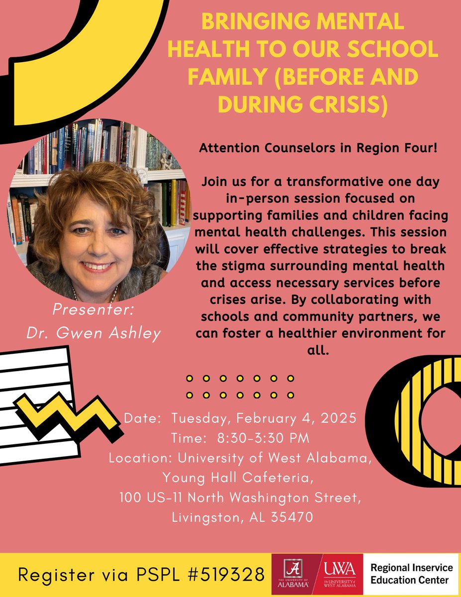 UA/UWA Regional Inservice Center (@uofaric) on Twitter photo Space is still available for this session on February 4 at The University of West Alabama. The session is geared towards counselors, social workers, and mental health providers who support students and teachers. Register via PowerSchool PL Section #519328 <a href="/MilsapTenika/">Tenika Milsap</a> Space is still available for this session on February 4 at The University of West Alabama. The session is geared towards counselors, social workers, and mental health providers who support students and teachers. Register via PowerSchool PL Section #519328 <a href="/MilsapTenika/">Tenika Milsap</a>