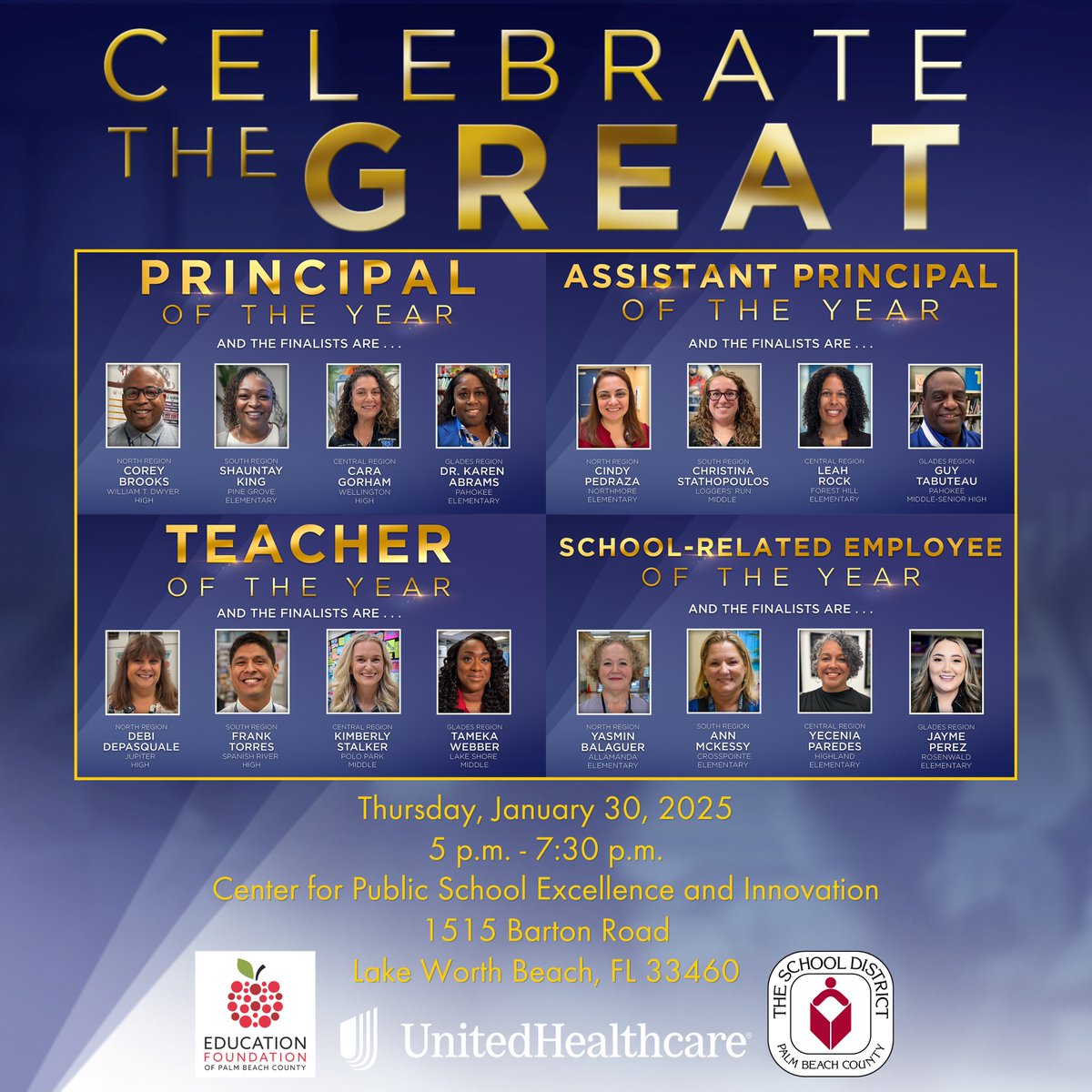 TIME TO CELEBRATE 🏆🎉 Join us on Thursday, January 30 as we Celebrate The Great and award Principal of the Year, Assistant Principal of the Year, Teacher of the Year, and School-Related Employee of the Year! ✏️📚

REGISTER FOR TICKETS 👉 shorturl.at/wUKoI

<a href="/pbcsd/">The School District of Palm Beach County</a> <a href="/UHC/">UnitedHealthcare</a>