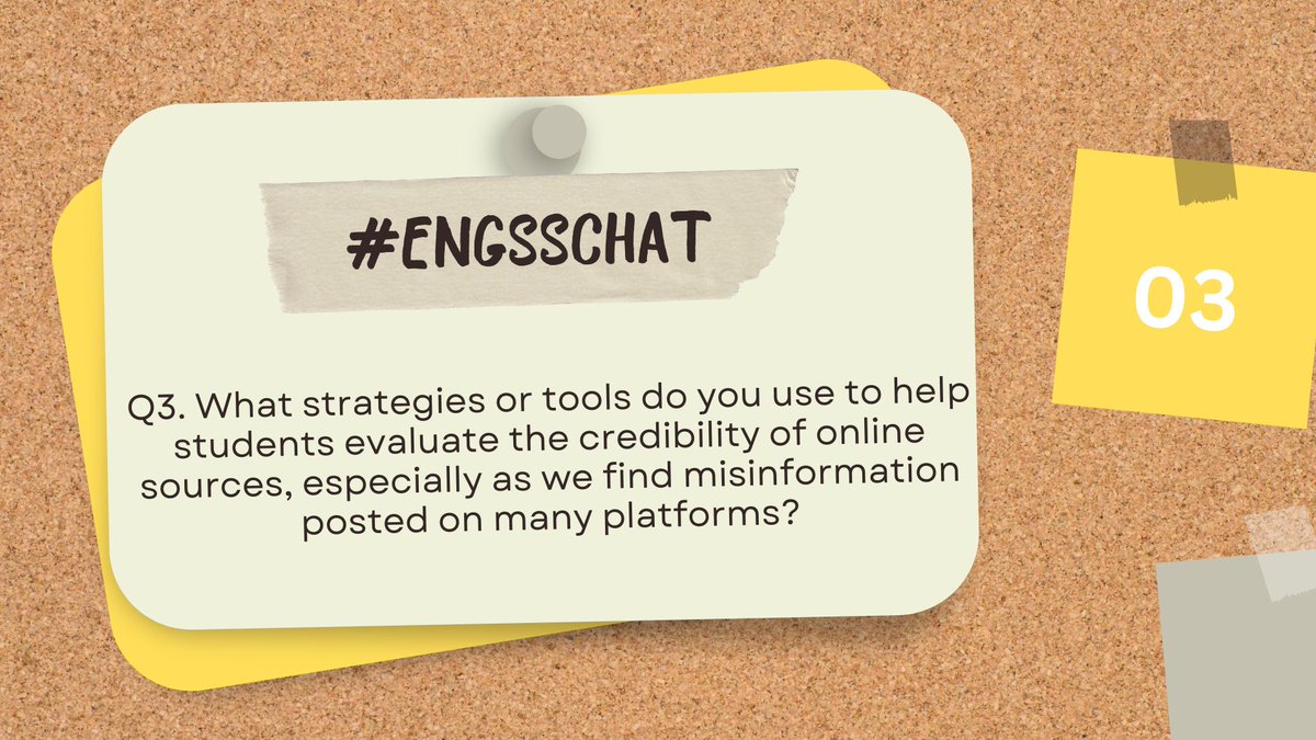 Steph_Sukow's tweet photo. Q3. What strategies or tools do you use to help students evaluate the credibility of online sources, especially as we find misinformation posted on many platforms? #engsschat https://t.co/AJiVcjv9hg