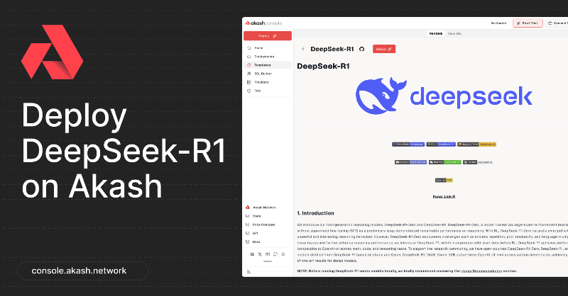 akashnet's tweet photo. Deploy DeepSeek-R1 on Akash, fully dedicated to you with complete privacy and self-custody.

Only possible with the Akash Supercloud.