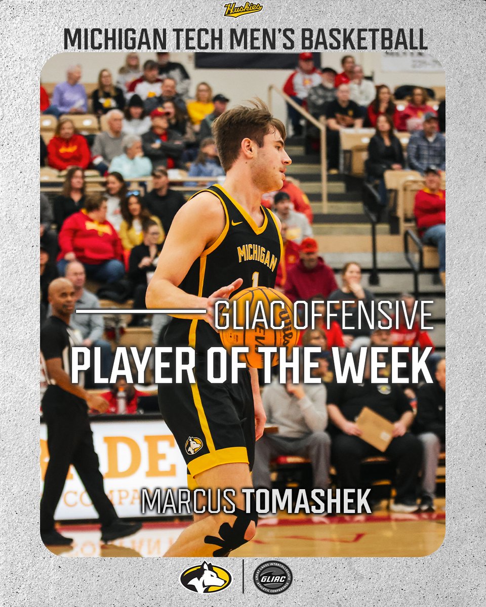 Tomashek earns GLIAC Offensive Player of the Week honors.

In Saturday's win over No. 8 Ferris State:
🌟 45 points (Career-high)
🌟 13-for-27 from the field 
🌟 9 3-pointers
🌟 Career-high 8 assists
🌟 Team-high 7 rebounds

📝: michigantechhuskies.com/news/2025/1/27…

#FollowTheHuskies