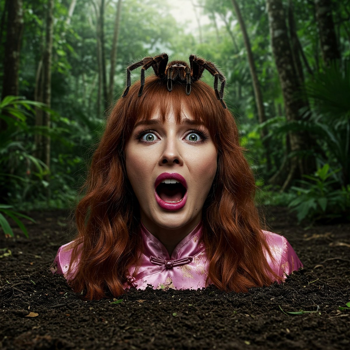 When the quicksand is the least of your problems. 
#damselindistress #quicksand #peril #vore #cyndiwilde #satin #cheongsam #cheongsamdress #jungleperil #spider #screamingdamsel