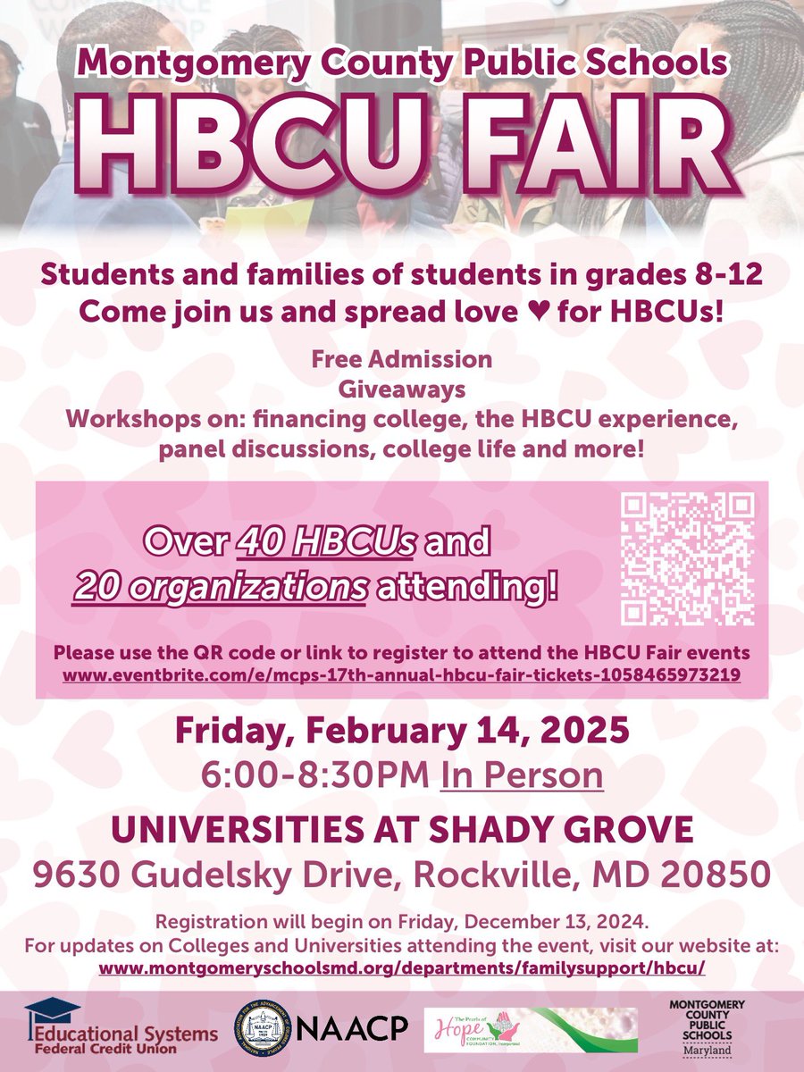 It’s almost time! Our Annual HBCU Fair!!!
Friday, February 14th! QR code on flyer to register!!! <a href="/MCPS/">MCPS</a> <a href="/UatShadyGrove/">The Universities at Shady Grove</a> #OWBSS