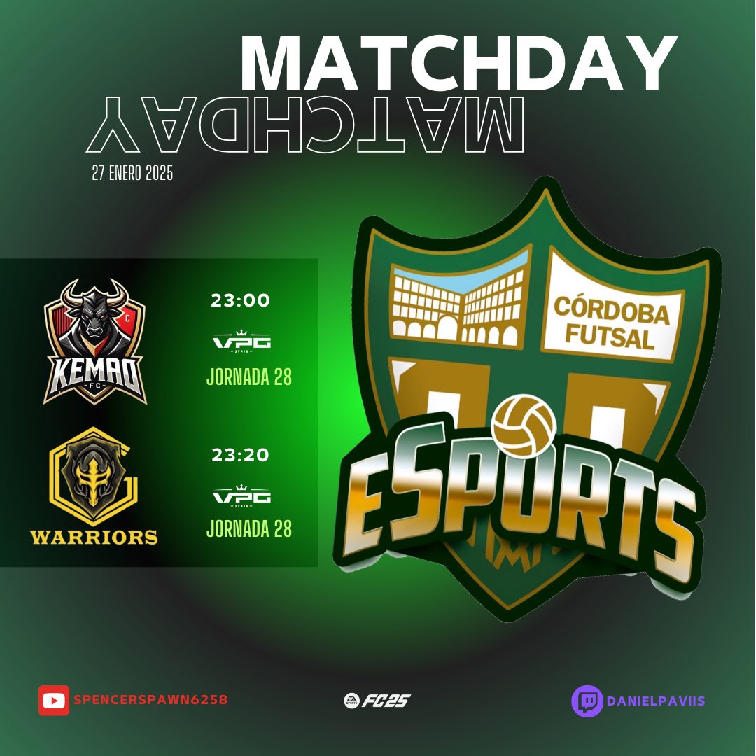 Cordoba_Gaming's tweet photo. ⚽️ MATCHDAY 27 ENE ⚽️

🏆@VPG_Spain 
🆚@kemaofutbolclub &amp; @G0LDENWARRIORS 
⏰ 23:00 h &amp;  23:20 h 

📺 #twitch 
#EAFC25 #fifa #GoCPH https://t.co/DBT9IgUtw7