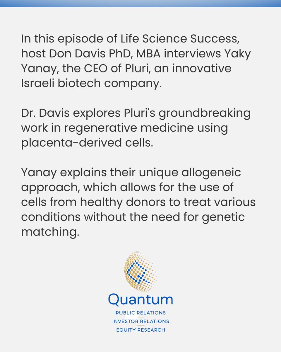 QuantumMediaLLC's tweet image. Uncover the future of biotech with @YakyYanay on Life Sciences Success! Learn how @Pluribiotech&apos;s cell-based solutions are set to revolutionize healthcare. Watch now: [link below] 🔗 #Biotech #Celltech #Pluri