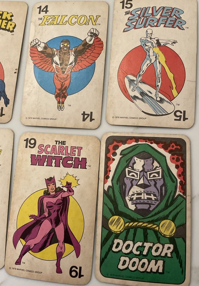 1978 Marvel Super-Heroes Card Game by Milton Bradley featuring an intimidating Doctor Doom close-up shot #DoctorDoom #SilverSurfer #ScarletWitch #Falcon