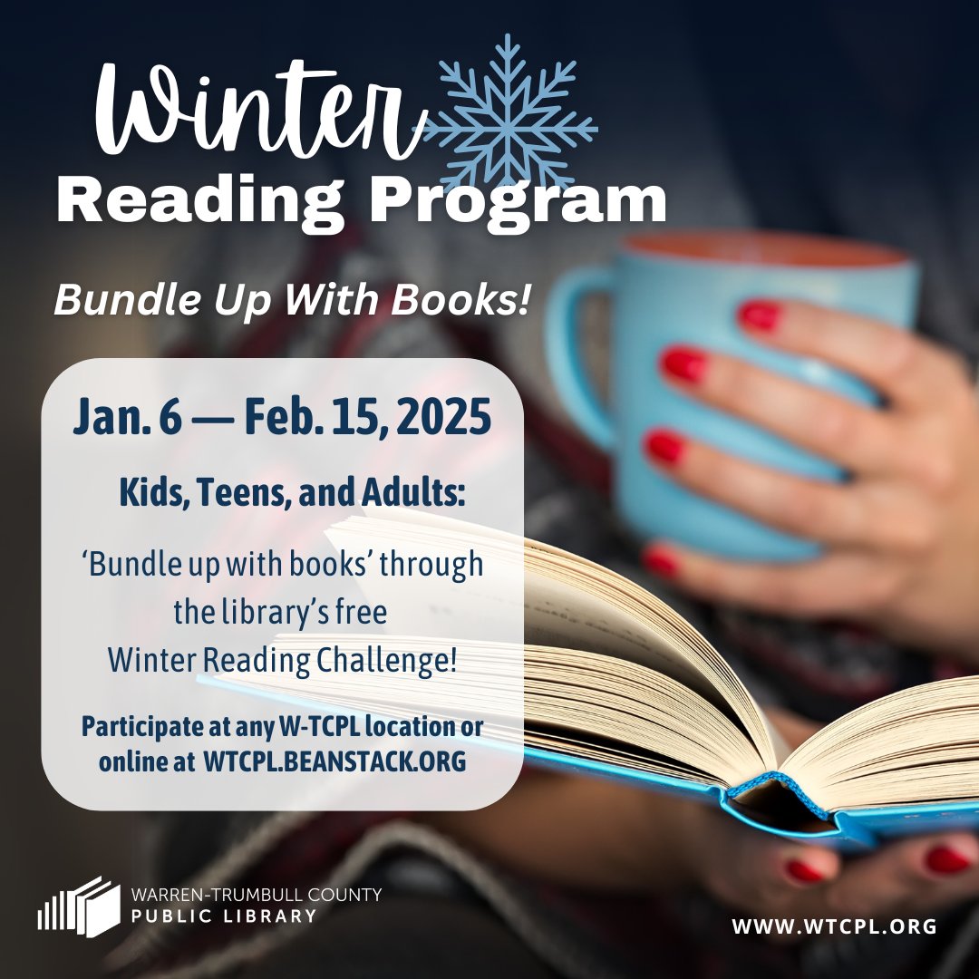 WTCPL's tweet image. Our Winter Reading Challenge is happening now for kids, teens, and adults. ❄️ Log your reading minutes in the Beanstack app or on a #WTCPL paper reading log for an entry into our Grand Prize Drawing and the chance to win a library prize bundle. wtcpl.org/classes-events…