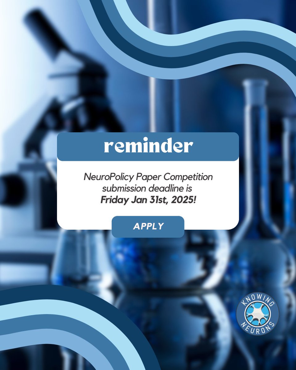 KnowingNeurons's tweet photo. The deadline is approaching for the final submission date of our paper competition! Make sure to submit yours today and secure a chance at winning our cash prize!
https://t.co/hWL5gz7rfs
#neuroscience #scicomm #sciencepolicy #scipol #neuropolicy #scienceeducation https://t.co/HyY2GqHEIX
