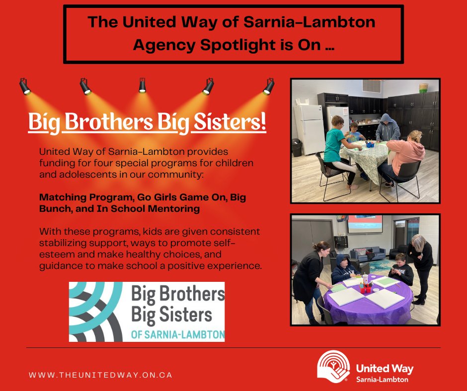 Big Brothers Big Sisters is just one of 16 agencies that the United Way of Sarnia-Lambton funds. 

To donate, or find out more about the agencies and programs that we fund, please visit:  bit.ly/UnitedWaySarni…
 
Thank You!
 
#UnitedWaySarLam #BBBS