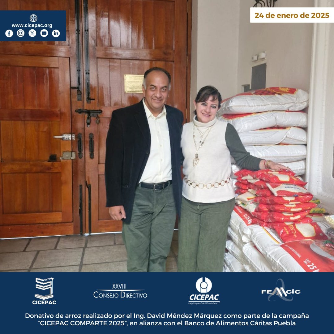 cicepac's tweet image. Donativo de arroz realizado por el Ing. David Méndez Márquez como parte de la campaña “CICEPAC COMPARTE 2025”, en alianza con el Banco de Alimentos Cáritas Puebla

#CICEPAC #BAMX #CÁRITAS #arroz #frijol #ingenieríacivil #Puebla