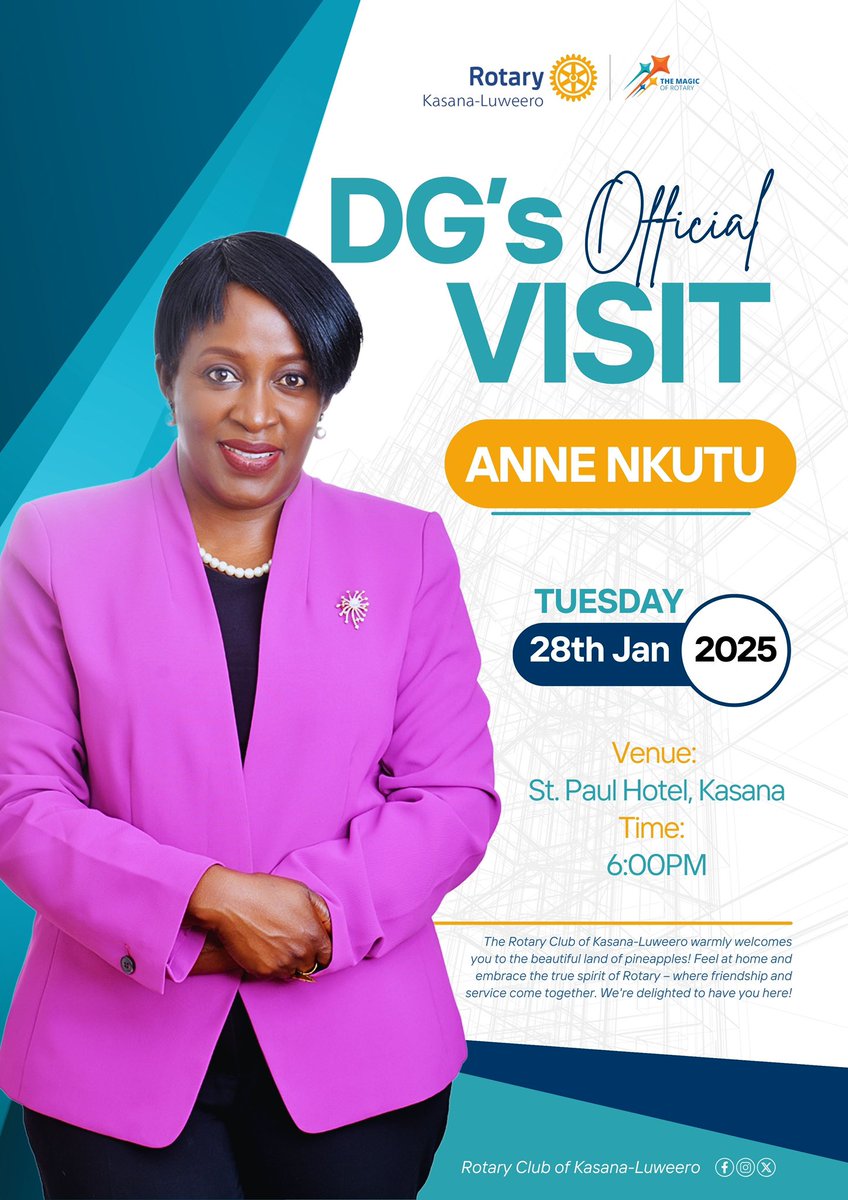 rckasanaluweero's tweet photo. Rotary Club of Kasana-Luweero is thrilled to host DG Anne Nkutu tomorrow, 28th January 2025, at St. Paul Hotel, Kasana! Join us at 6:00 PM for an inspiring evening as we celebrate Rotary’s spirit of service and fellowship. #RotaryDistrict9213 #DGVisit #RotaryMagic” https://t.co/IVdEC5ycBd