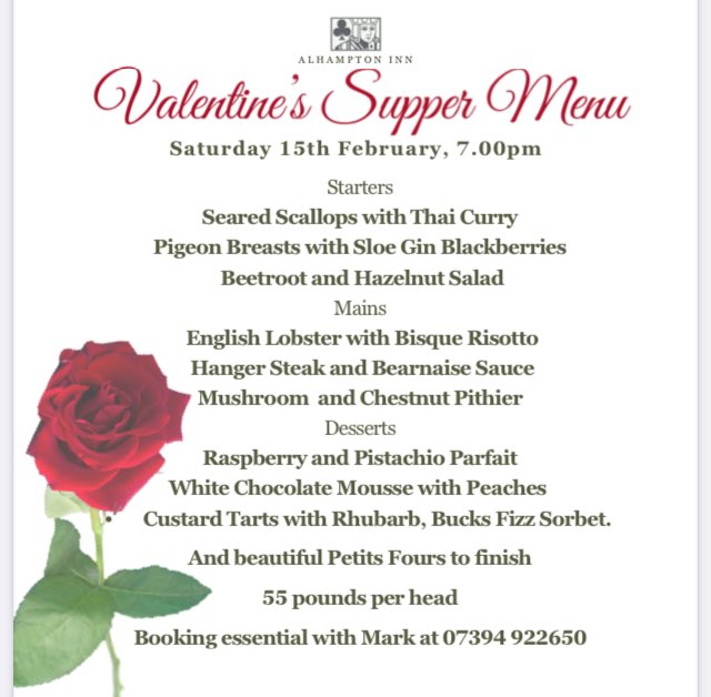 Valentine's is not just for lovers. Treat the special people in your life to this elegant and decadent menu from Chef Ross on Saturday 15th February. And The Ally's gift to you is a glass of bubbly! Call to book 07394 922650
#Evercreech #Bruton
#Wincanton #Shepton
#CastleCary