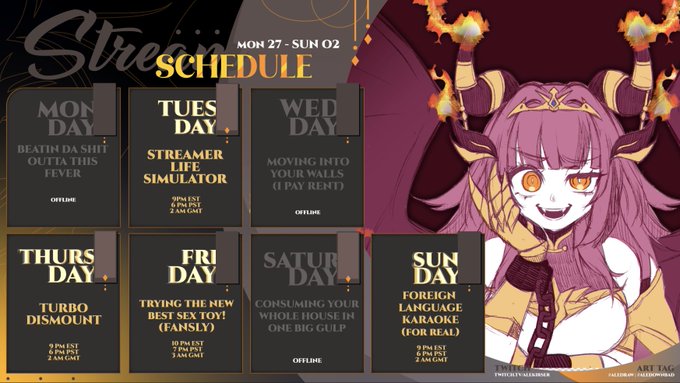 THIS WEEK'S SCHEDULE! ✨⚔️(JAN 27 - FEB 2) 
INTENSE EYE CONTACT edition 
? hanamoru https://t.co/BAd9