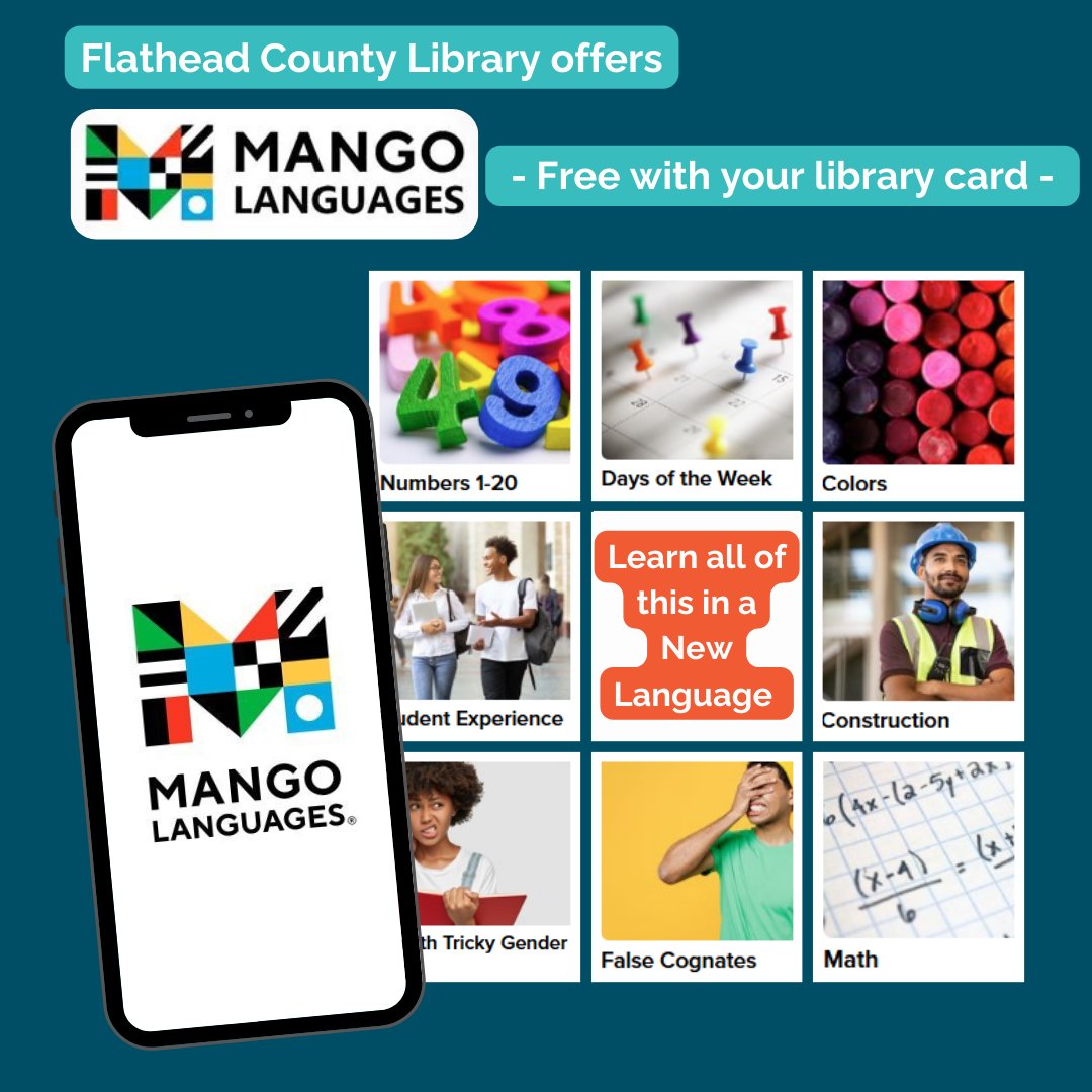 Have you tried the Mango Languages app yet? Have fun learning a new language at your own pace from the comfort of your phone! Sign up for a free account through our website, then download the Mango app to get started!

Get started at: flatheadcountylibrary.org/books-and-more…