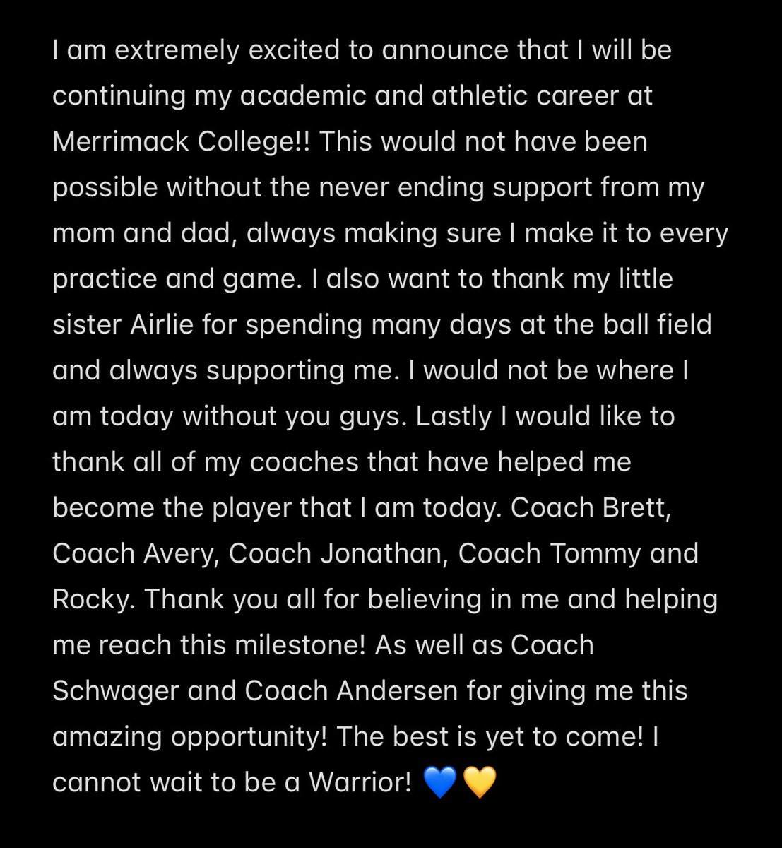 Eevachick2026's tweet photo. 100% COMMITTED!!! 
GO WARRIORS! 💙💛
I want to thank everyone who has helped me get to this point! I am truly so thankful! 
@BrettBerryhill @txblazegold16 @averiallen34 @roc_performance @blazencoach @BlazeFastpitch @MerrimackSB @C_robertson10 @Rouse_Softball https://t.co/C3IKlkJGZI