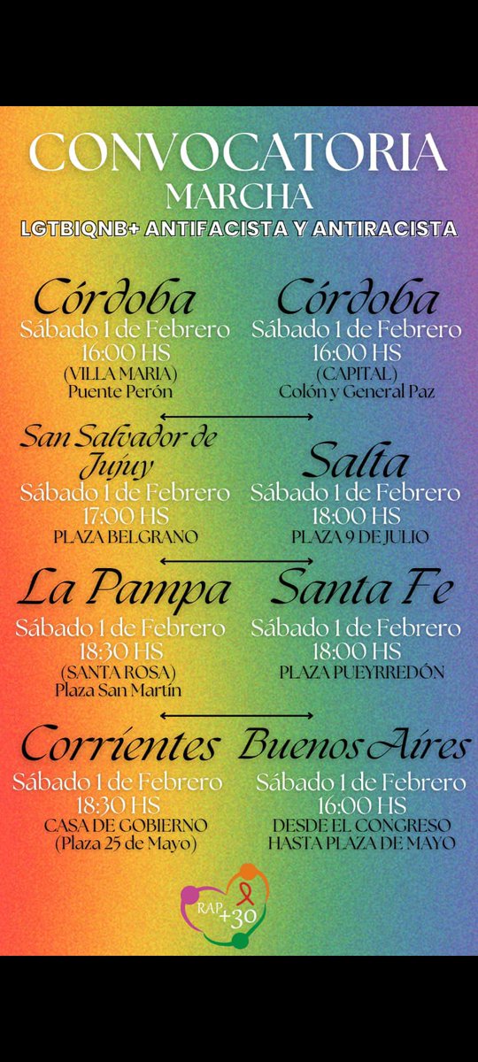 Movimientos LGTBQ+ convocan a la sociedad toda a manifestarse Antifascista y antiracista el próximo día sábado 1ero de Febrero.
La marcha se realizará en distintos puntos del país:
