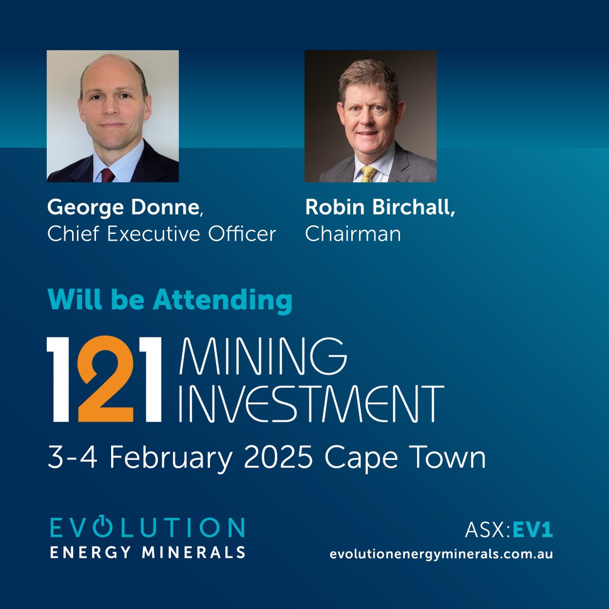#EV1 CEO, George Donne &amp; Chairman, Robin Birchall will be attending the 121 Mining Investment conference 3-4 Feb 2025, Cape Town.

Register: loom.ly/Xo7vA6E

EV1's COO, John Nolan will also be in Cape Town attending <a href="/MiningIndaba/">Mining Indaba</a>.

See more: loom.ly/DbFQhr4