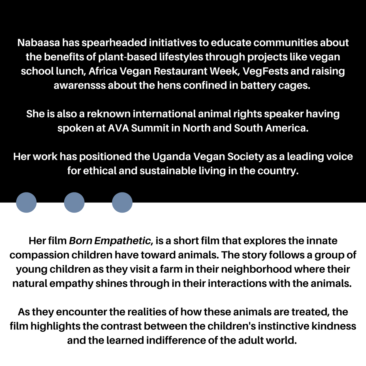 Say hello to Nabaasa Innocent Amumpaire, one of our grant winners and today’s feature in our Filmmaker Spotlight Series! Swipe to learn more about her and her great project, Born Empathetic! 💚🎬 <a href="/NabaasaInnocent/">Nabaasa Innocent Amumpaire 🇺🇬✝️</a> 

#films #grants #vegan