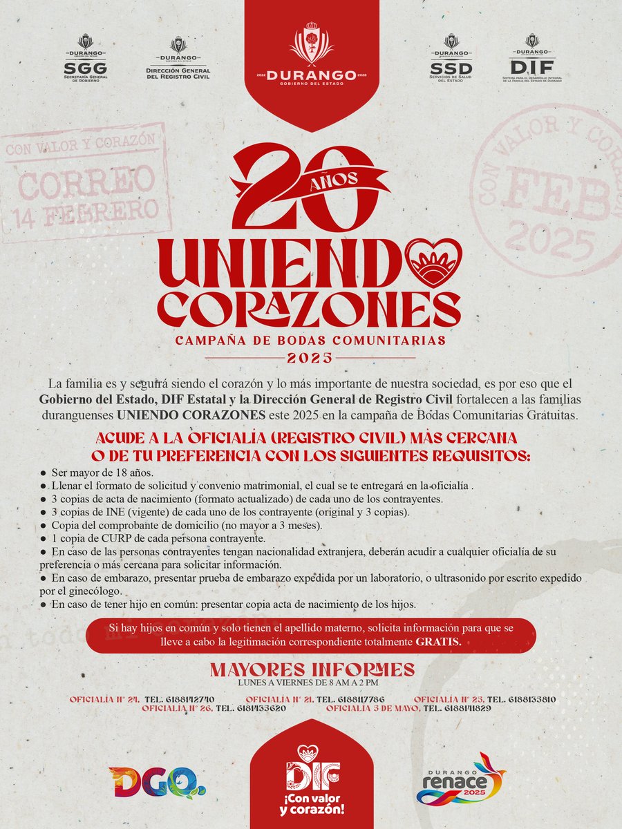 💍✨ Inicia la campaña 𝐔𝐧𝐢𝐞𝐧𝐝𝐨 𝐂𝐨𝐫𝐚𝐳𝐨𝐧𝐞𝐬 

👰🤵 El <a href="/gobdgo/">GobDgo</a>  invitan a las parejas a formalizar su unión con bodas gratuitas 💕

📋 Consulta requisitos aquí 👇🏼