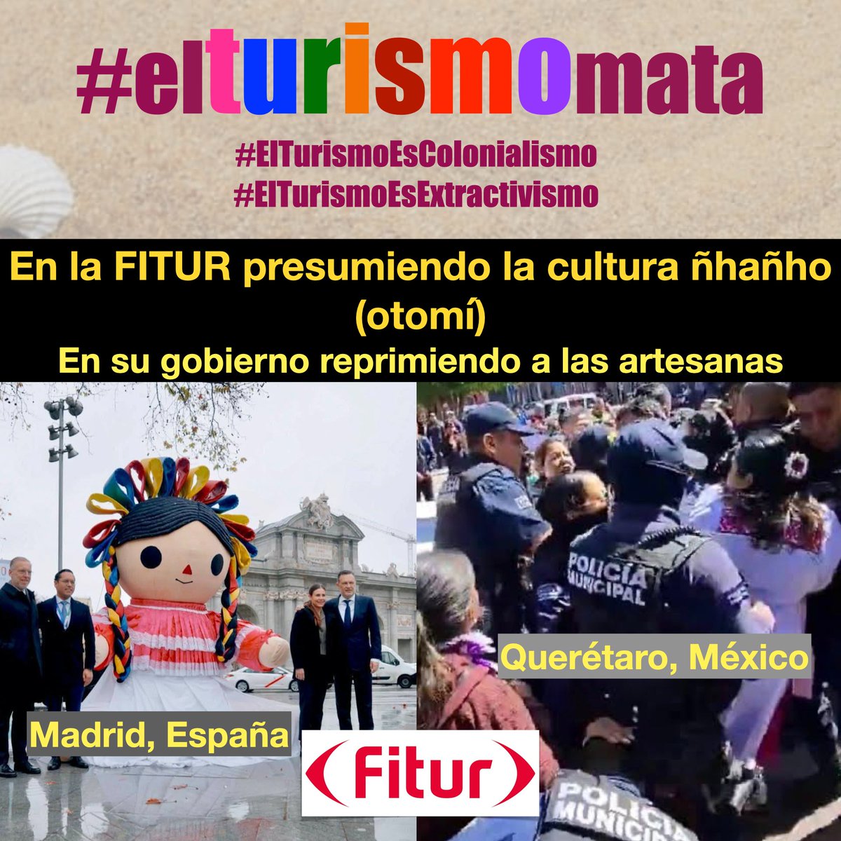 El gobernador de #Querétaro #MauricioKuri presume la cultura indígena #otomí en la #Fitur2025 hace un par de semanas artesanxs indígenas fueron reprimidxs por vender sus artesanías en Querétaro.

#ElTurismoMata
#ElTurismoEsColonialismo
#ElTurismoEsRacismo