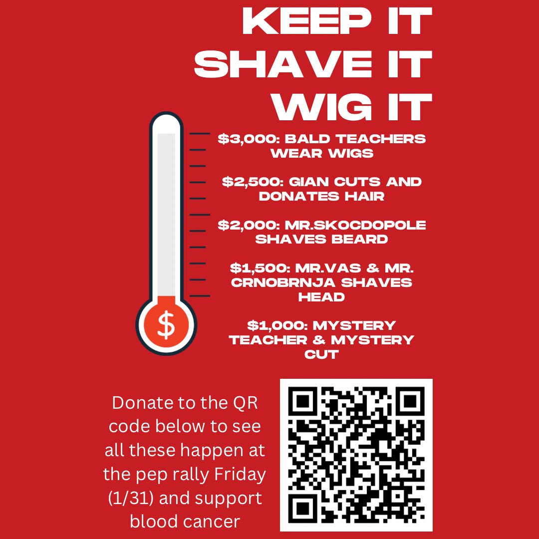 We will be raising money starting today to see some of our teachers and students cut their hair! Donate using the QR code or the link below. Make sure to donate if you want to see this happen, and help the fight against blood cancer!!
events.lls.org/noh/svoynoh25/…