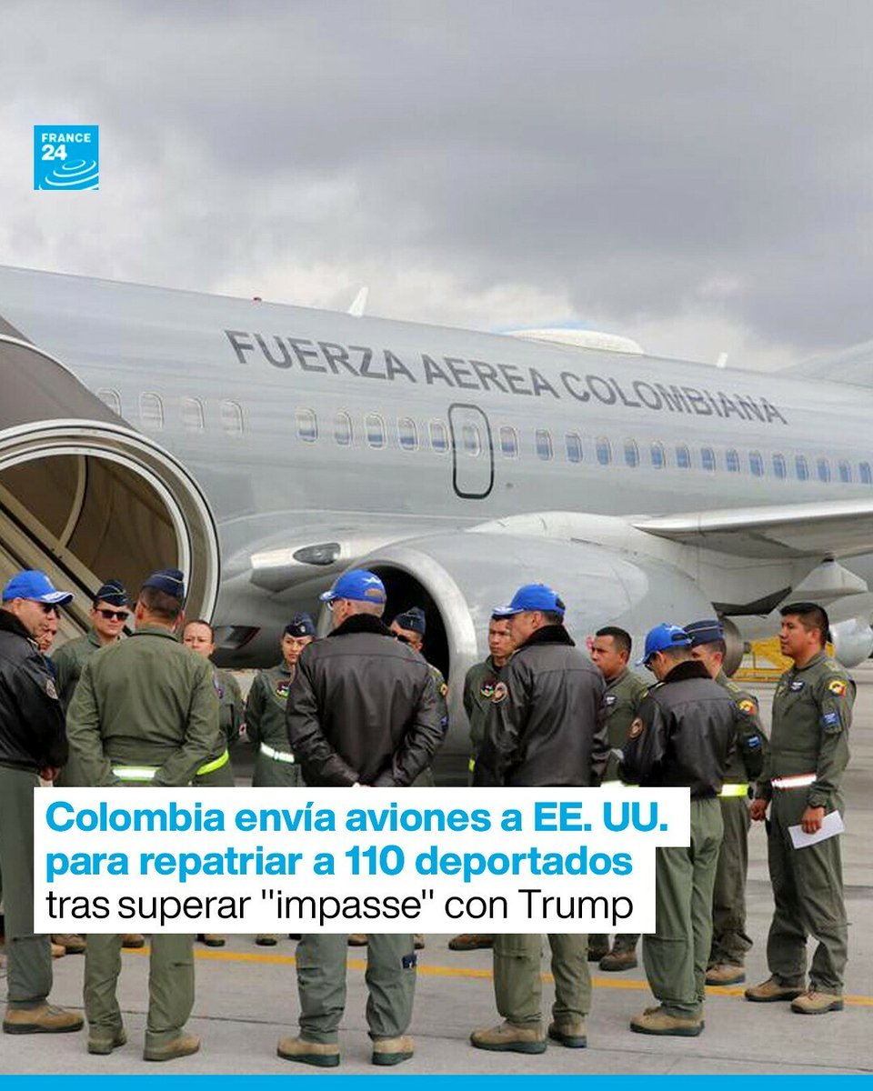 France24_es's tweet photo. 🇨🇴 🇺🇸 Dos aviones colombianos partieron a Estados Unidos para repatriar a 110 #deportados tras la crisis diplomática causada por la decisión del presidente Gustavo #Petro de no permitir la llegada de dos aeronaves con #migrantes en esa condición ➡️ https://t.co/NQoa6vYsiZ https://t.co/CXkOXvfJVH